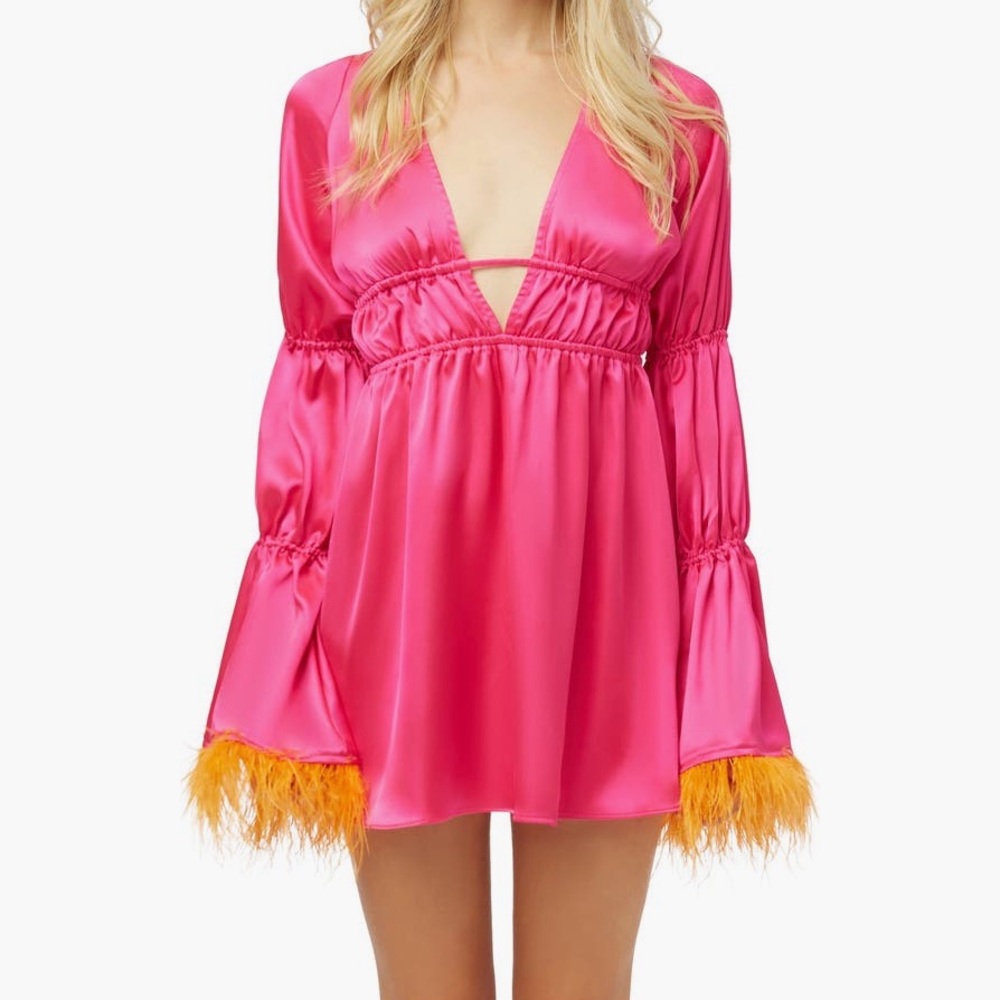 WeWoreWhat Pink Satin Dress with Feather Trim
